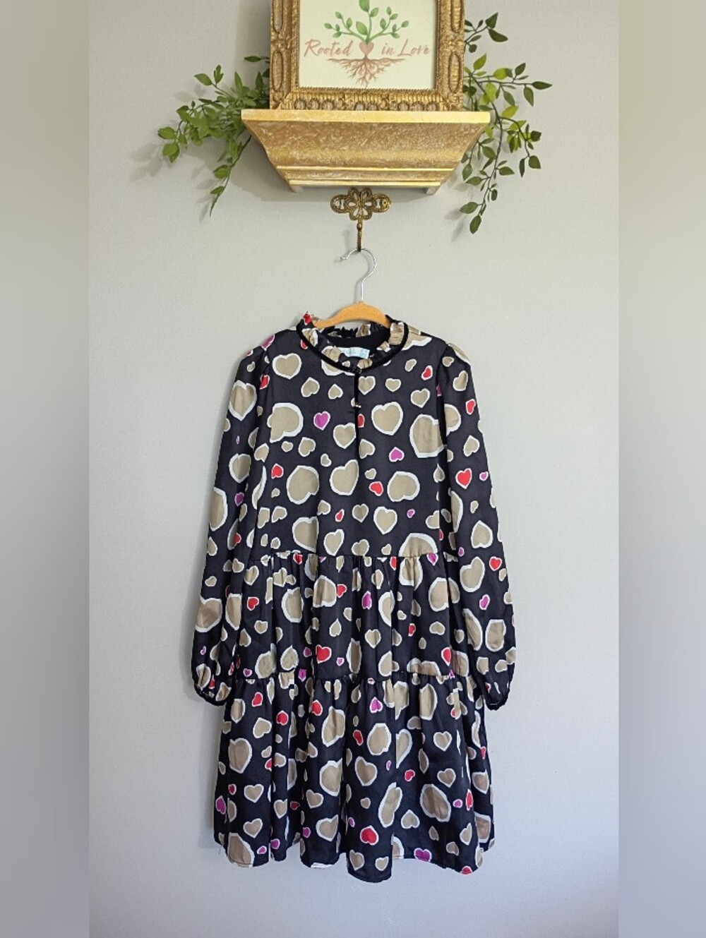 Abel & Lula Black Heart-Print Tiered Dress with Ruffle Collar
